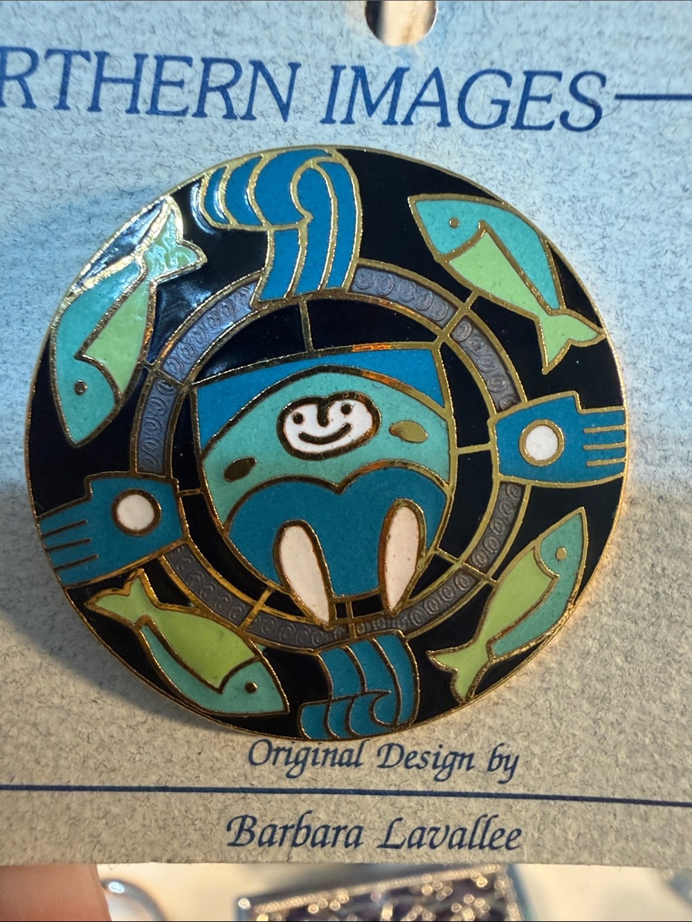 Barbara Lavallee Enamel Pin - Teal Fish Circle Design like New!